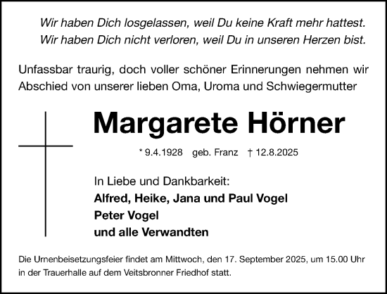 Traueranzeige von Margarete Hörner von Fürther Nachrichten Lokal