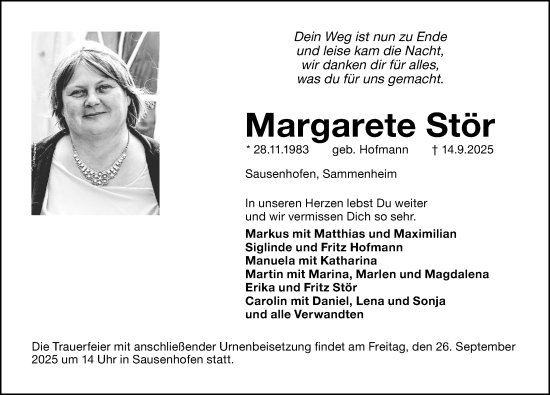 Traueranzeige von Margarete Stör von Altmühl-Bote Lokal