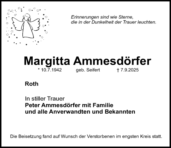 Traueranzeige von Margitta Ammesdörfer von Roth-Hilpoltsteiner Volkszeitung Lokal