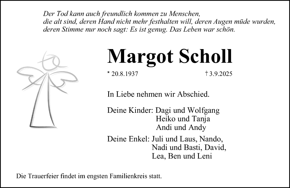  Traueranzeige für Margot Scholl vom 13.09.2025 aus Erlanger Nachrichten Lokal