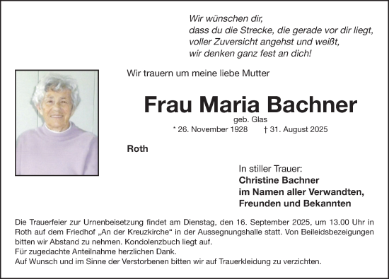 Traueranzeige von Maria Bachner von Roth-Hilpoltsteiner Volkszeitung Lokal