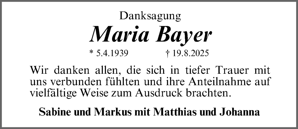  Traueranzeige für Maria Bayer vom 06.09.2025 aus Gesamtausgabe Nürnberger Nachrichten/ Nürnberger Ztg.
