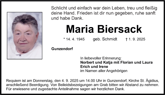 Traueranzeige von Maria Biersack von Nordbayerische Nachrichten Pegnitz Lokal