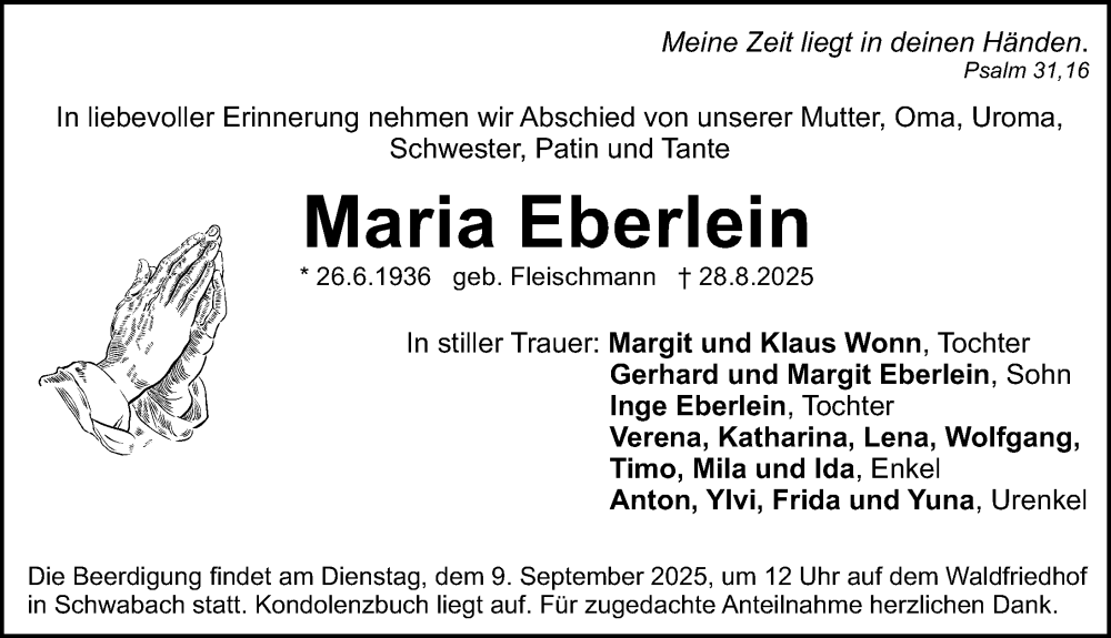  Traueranzeige für Maria Eberlein vom 06.09.2025 aus Schwabacher Tagblatt Lokal