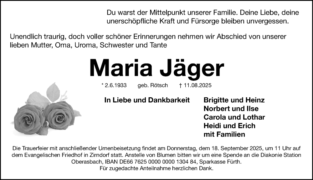  Traueranzeige für Maria Jäger vom 13.09.2025 aus Fürther Nachrichten Lokal