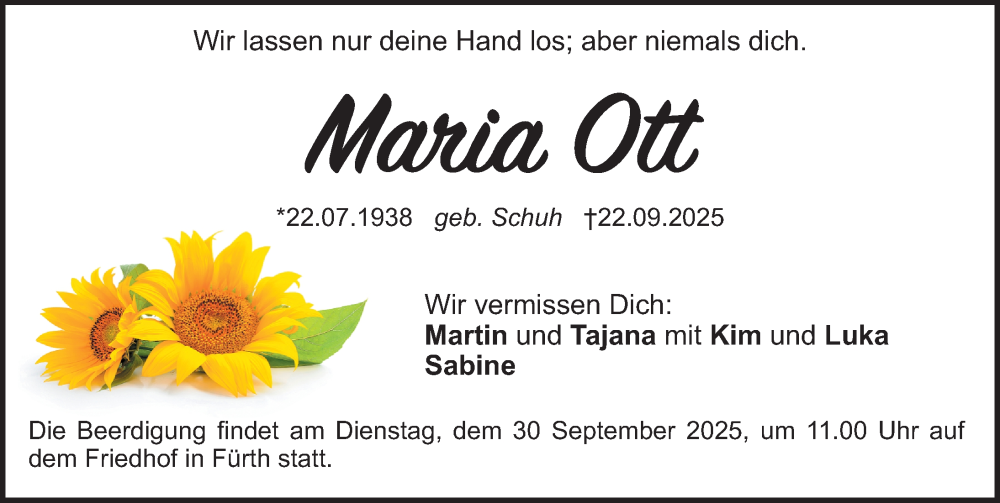  Traueranzeige für Maria Ott vom 27.09.2025 aus Fürther Nachrichten Lokal