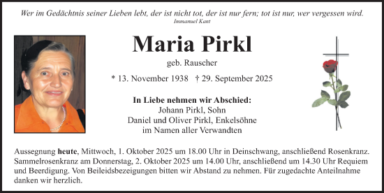Traueranzeige von Maria Pirkl von Neumarkter Nachrichten Lokal