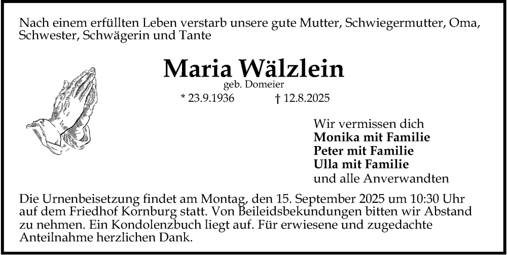  Traueranzeige für Maria Wälzlein vom 06.09.2025 aus Gesamtausgabe Nürnberger Nachrichten/ Nürnberger Ztg.