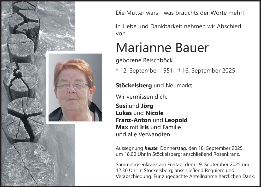  Traueranzeige für Marianne Bauer vom 18.09.2025 aus Neumarkter Nachrichten Lokal