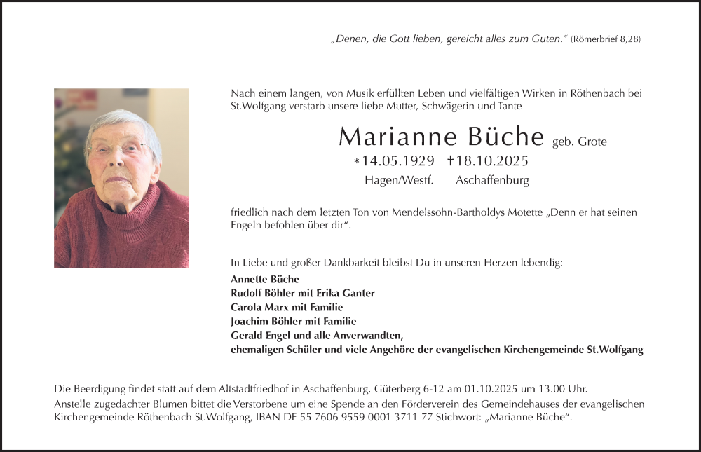  Traueranzeige für Marianne Büche vom 27.09.2025 aus Schwabacher Tagblatt Lokal