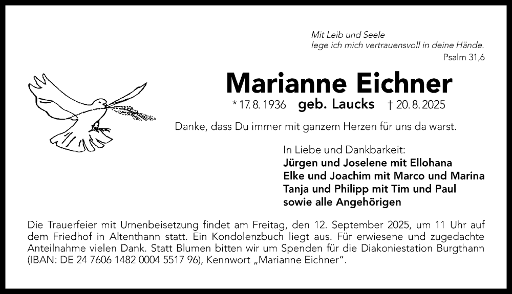  Traueranzeige für Marianne Eichner vom 06.09.2025 aus Gesamtausgabe Nürnberger Nachrichten/ Nürnberger Ztg.