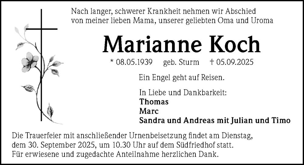  Traueranzeige für Marianne Koch vom 20.09.2025 aus Gesamtausgabe Nürnberger Nachrichten/ Nürnberger Ztg.