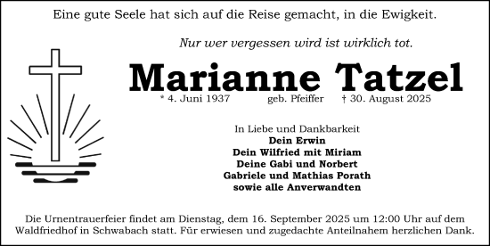 Traueranzeige von Marianne Tatzel von Schwabacher Tagblatt Lokal