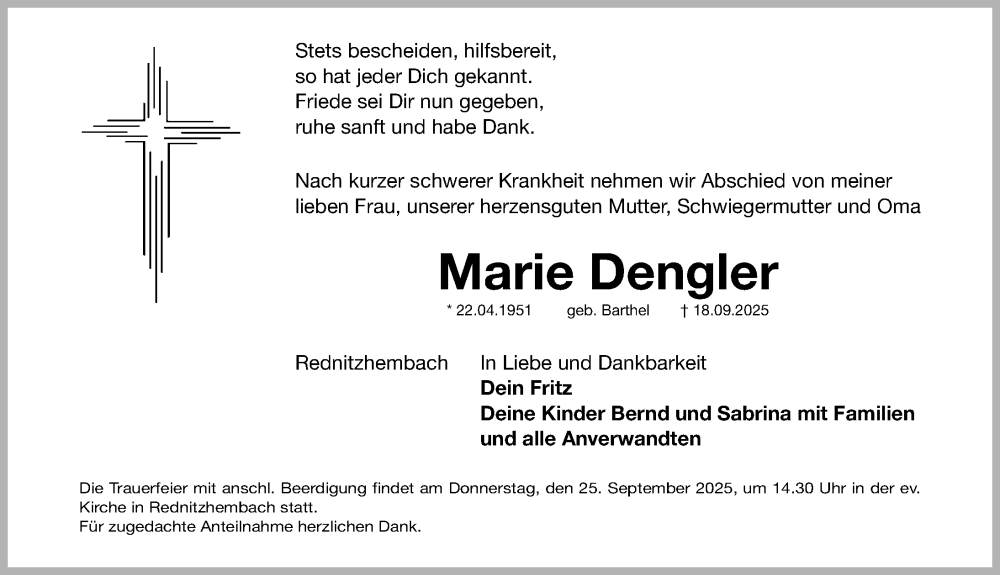  Traueranzeige für Marie Dengler vom 22.09.2025 aus Roth-Hilpoltsteiner Volkszeitung/ Schwabach