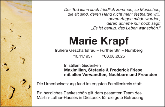Traueranzeige von Marie Krapf von Gesamtausgabe Nürnberger Nachrichten/ Nürnberger Ztg.