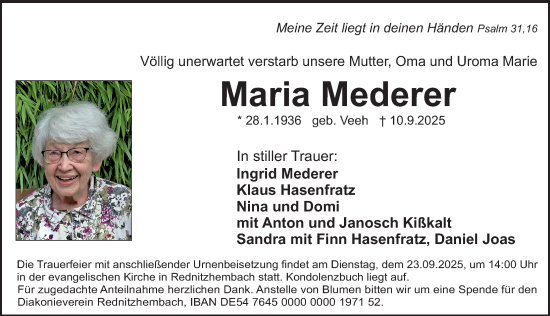 Traueranzeige von Maria Mederer von Schwabacher Tagblatt Lokal
