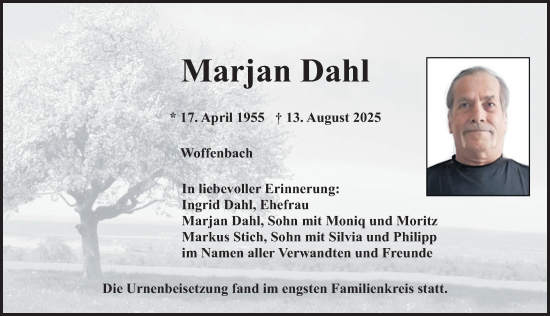 Traueranzeige von Marjan Dahl von Neumarkter Nachrichten Lokal