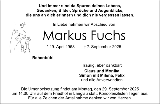 Traueranzeige von Markus Fuchs von Altmühl-Bote Lokal