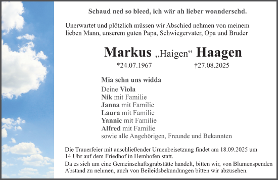 Traueranzeige von Markus Haagen von Erlanger Nachrichten Lokal