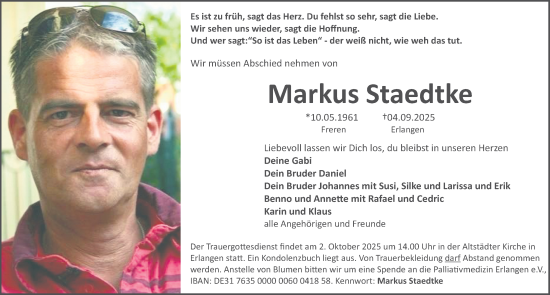 Traueranzeige von Markus Staedtke von Erlanger Nachrichten Lokal