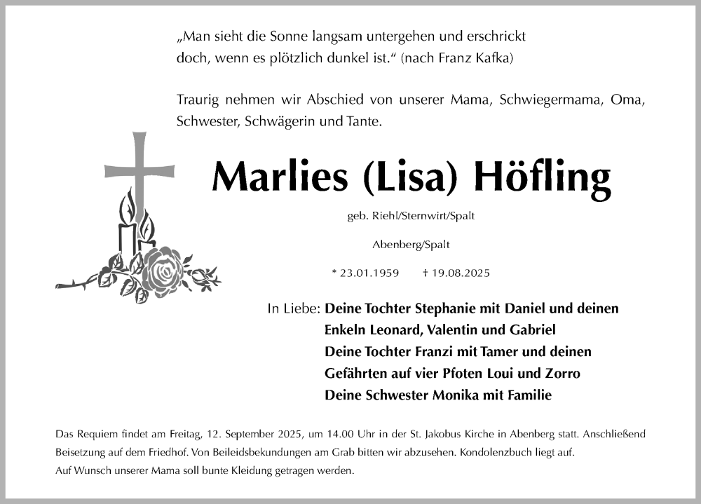 Traueranzeige für Marlies Höfling vom 06.09.2025 aus Roth-Hilpoltsteiner Volkszeitung/ Schwabach
