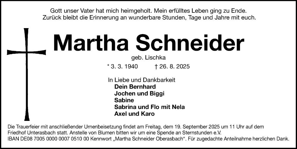  Traueranzeige für Martha Schneider vom 13.09.2025 aus Gesamtausgabe Nürnberger Nachrichten/ Nürnberger Ztg.