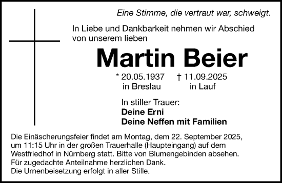 Traueranzeige von Martin Beier von Gesamtausgabe Nürnberger Nachrichten/ Nürnberger Ztg.