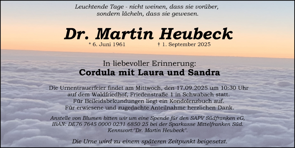  Traueranzeige für Martin Heubeck vom 13.09.2025 aus Schwabacher Tagblatt Lokal