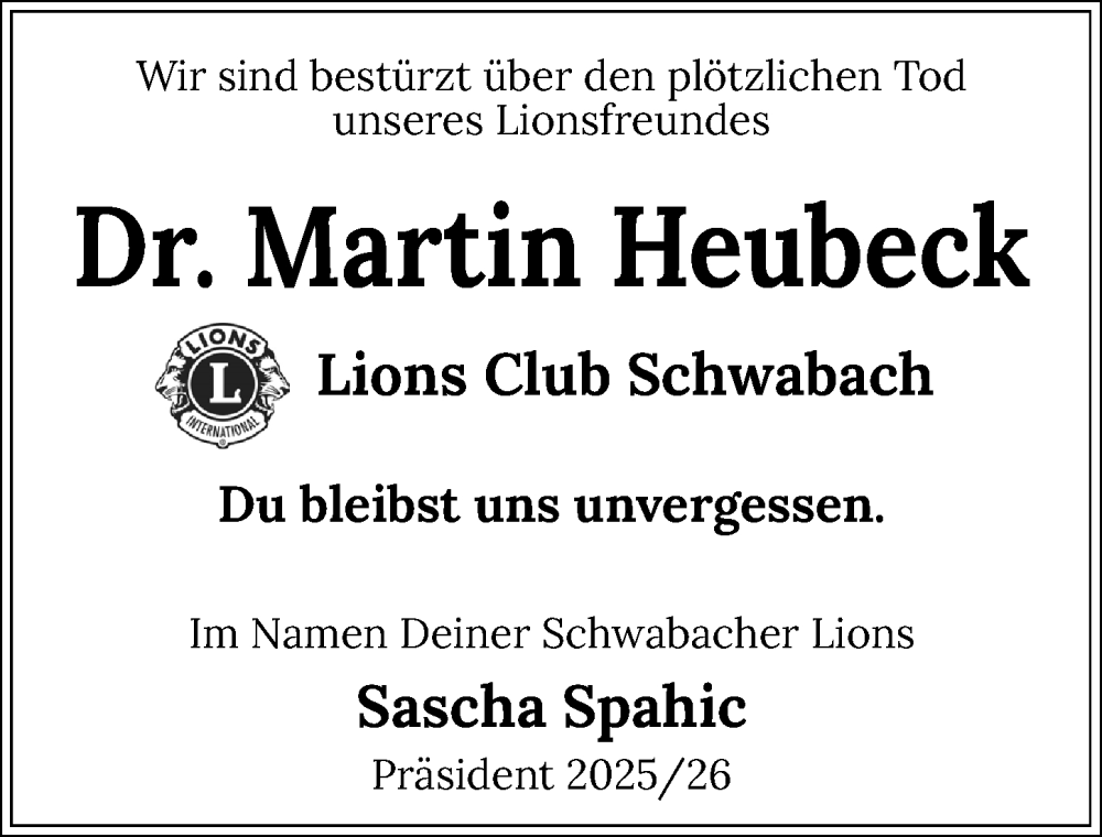  Traueranzeige für Martin Heubeck vom 13.09.2025 aus Schwabacher Tagblatt Lokal