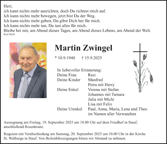 Traueranzeige von Martin Zwingel von Neumarkter Nachrichten Lokal