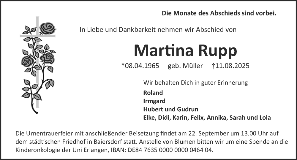  Traueranzeige für Martina Rupp vom 20.09.2025 aus Erlanger Nachrichten Lokal