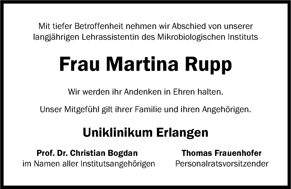  Traueranzeige für Martina Rupp vom 20.09.2025 aus Erlanger Nachrichten Lokal