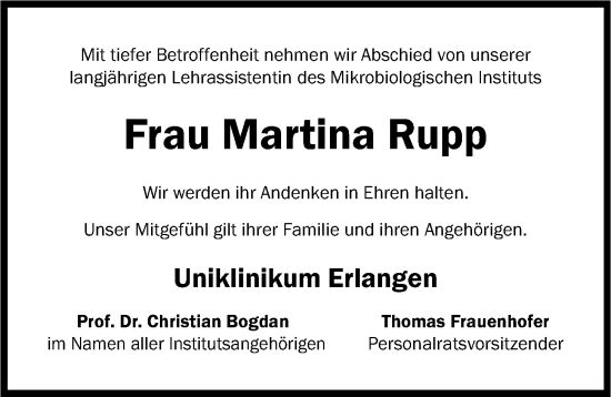 Traueranzeige von Martina Rupp von Erlanger Nachrichten Lokal