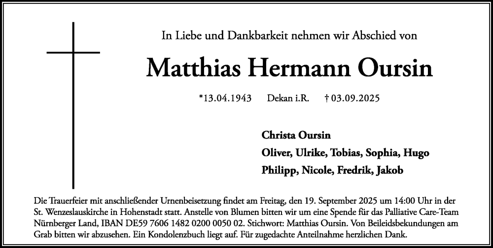  Traueranzeige für Matthias Hermann Oursin vom 13.09.2025 aus Gesamtausgabe Nürnberger Nachrichten/ Nürnberger Ztg.