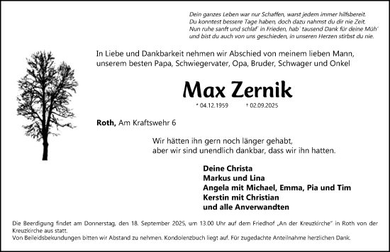 Traueranzeige von Max Zernik von Roth-Hilpoltsteiner Volkszeitung Lokal