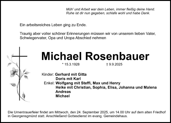 Traueranzeige von Michael Rosenbauer von Roth-Hilpoltsteiner Volkszeitung Lokal