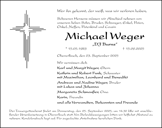 Traueranzeige von Michael Weger von Altmühl-Bote Lokal