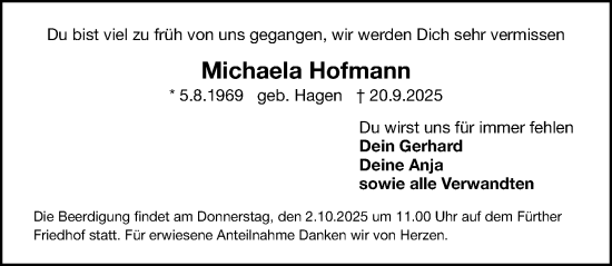Traueranzeige von Michaela Hofmann von Gesamtausgabe Nürnberger Nachrichten/ Nürnberger Ztg.
