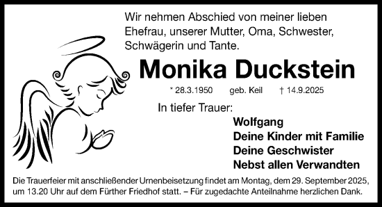 Traueranzeige von Monika Duckstein von Fürther Nachrichten Lokal