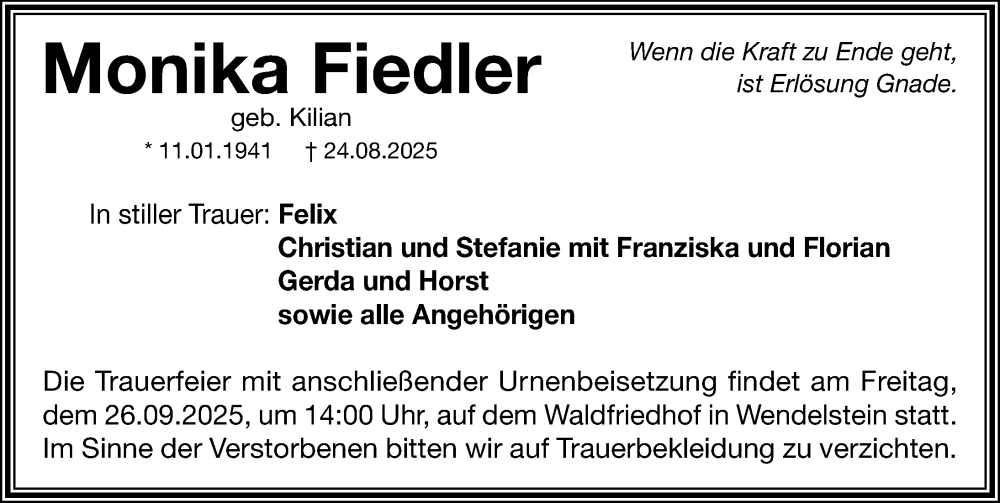  Traueranzeige für Monika Fiedler vom 20.09.2025 aus Gesamtausgabe Nürnberger Nachrichten/ Nürnberger Ztg.