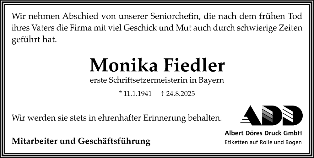  Traueranzeige für Monika Fiedler vom 20.09.2025 aus Gesamtausgabe Nürnberger Nachrichten/ Nürnberger Ztg.