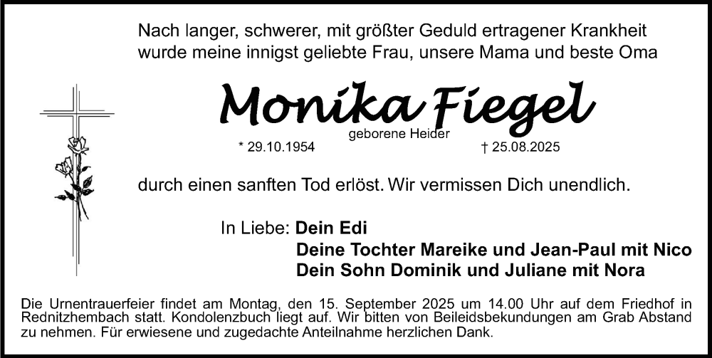  Traueranzeige für Monika Fiegel vom 06.09.2025 aus Schwabacher Tagblatt Lokal