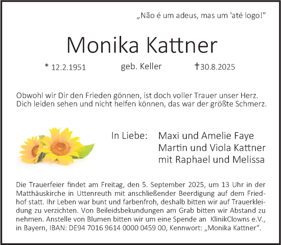 Traueranzeige von Monika Kattner von Gesamtausgabe Nürnberger Nachrichten/ Nürnberger Ztg./ Erlanger Nachrichten