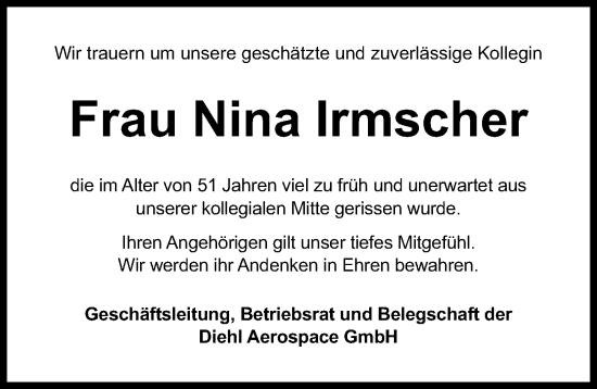 Traueranzeige von Nina Irmscher von Gesamtausgabe Nürnberger Nachrichten/ Nürnberger Ztg.