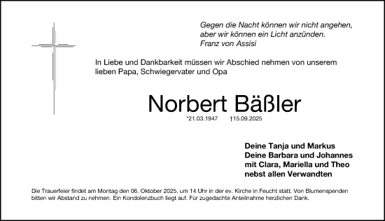 Traueranzeige von Norbert Bäßler von Gesamtausgabe Nürnberger Nachrichten/ Nürnberger Ztg.