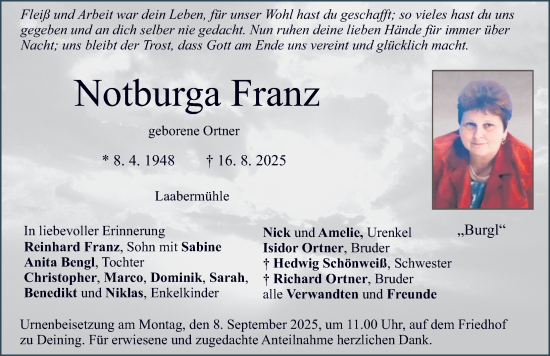 Traueranzeige von Notburga Franz von Neumarkter Nachrichten Lokal
