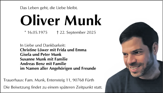 Traueranzeige von Oliver Munk von Gesamtausgabe Nürnberger Nachrichten/ Nürnberger Ztg./ Fürther Nachrichten