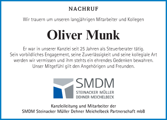 Traueranzeige von Oliver Munk von Erlanger Nachrichten Lokal