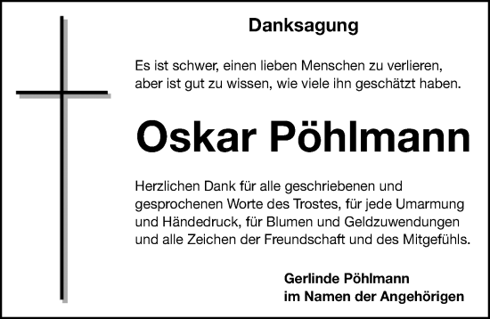 Traueranzeige von Oskar Pöhlmann von Erlanger Nachrichten Lokal