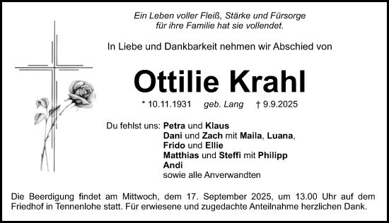 Traueranzeige von Ottilie Krahl von Erlanger Nachrichten Lokal